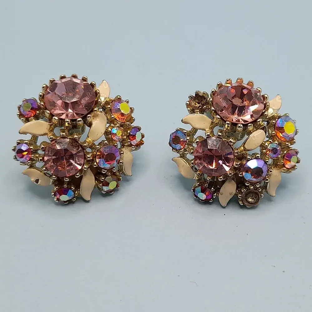 Vintage Arthur Pepper ART Pink Rhinestone Clip Earrings, Aurora Borealis, 1 1/8